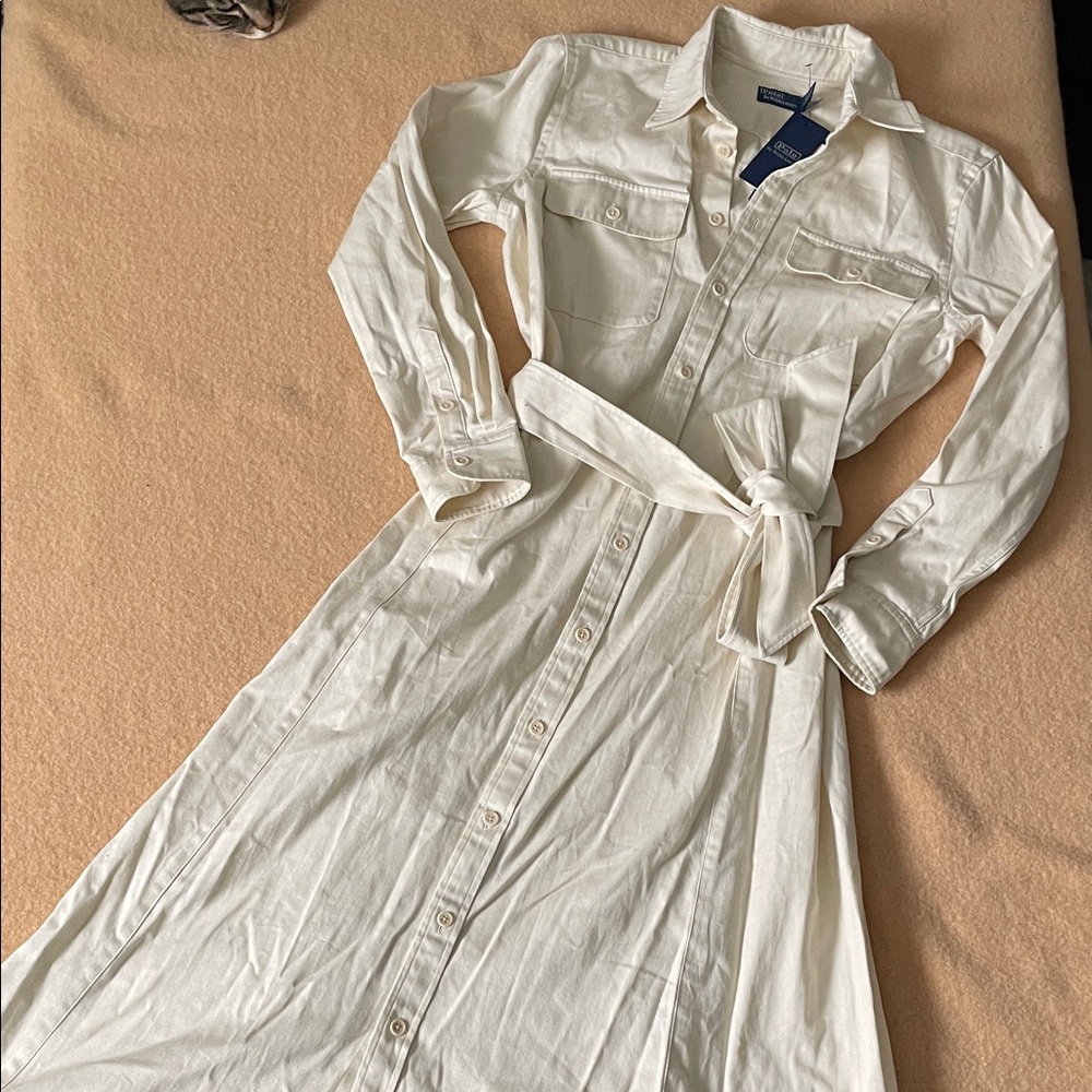 Polo Ralph Lauren Cream Button Down Long Sleeve Shirt Dress NWT 4 Maxi Cotton
